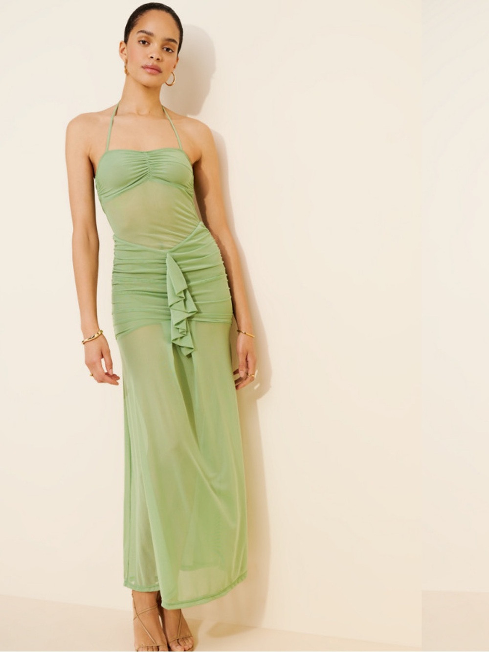Free People Nightcap Green Halter Ruched Maxi Dress with Front Ruffle